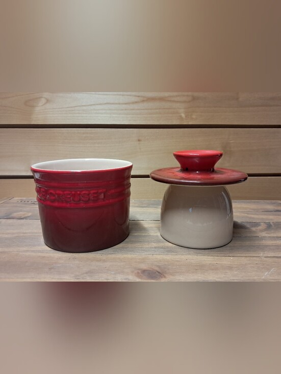 Le Creuset Other - Le Creuset Red Stoneware Salt Cellar and Covered Butter Crock